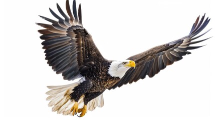 Obraz premium A majestic bald eagle soaring high in the sky, its sharp gaze aimed towards potential prey, showcasing its formidable hunting skills and impressive feathers.