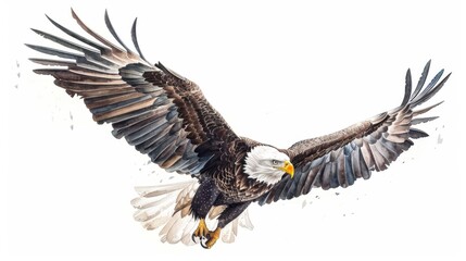 Obraz premium This high-definition image showcases an American bald eagle in realistic artwork, capturing the intricate details of its expansive wings and sharp-focused eyes while it flies freely.