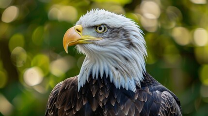 Obraz premium This beautiful photograph captures a close-up of an American bald eagle, highlighting its majestic features with a soft green bokeh background, emphasizing its alert demeanor.
