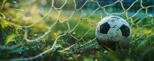 Ball hitting soccer net, lush green field, close-up, dynamic and thrilling
