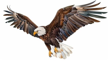 Obraz premium An artistic illustration of a bald eagle, captured mid-flight with its wings fully spread, showcasing the detailed feathers and powerful anatomy against a white backdrop.