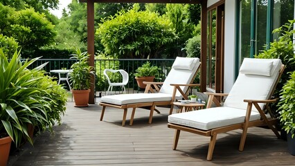 Fototapeta premium The image shows an outdoor view with a wooden deck in front and a green garden behind. There are white deck chairs and a small side table with a potted plant. The impression is peaceful and calming, 