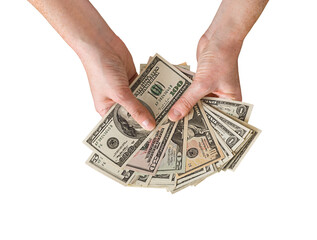 Person hands holding fanned out American US cash money dollars isolated cutout on transparent