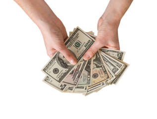 Person hands holding fanned out American US cash money dollars isolated cutout on transparent