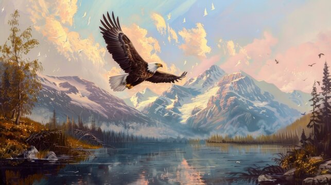 A majestic bald eagle with wings fully spread soars high above a serene lake with snow-capped mountains in the background, bathed in warm sunset light.