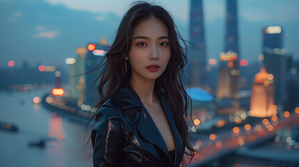 Fototapeta premium portrait of a fashion asian woman Standing on the rooftop with the city in the background