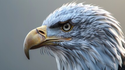 Fototapeta premium A detailed close-up of a bald eagle's face set against a light background, featuring its powerful beak, sharp eye, and meticulously detailed feathers.