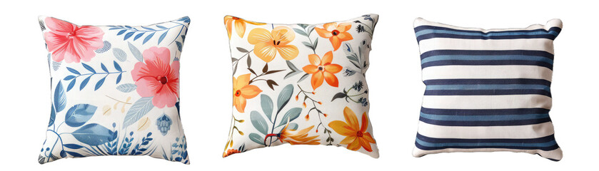 Decorative Outdoor Cushions in Floral, Striped, and Plain Designs. Isolated on a Transparent Background. Cutout PNG.