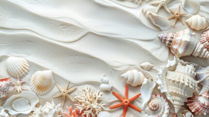 Various shells and corals are meticulously arranged on pristine white sand, creating a visually appealing composition that highlights the delicate beauty of marine elements.