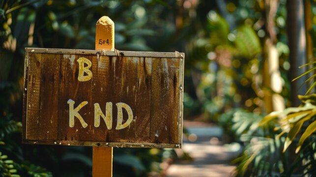 A rustic wooden sign bearing the message 'B Knd' stands among lush green plants, blending with nature and conveying a message of kindness and serenity in a natural environment.