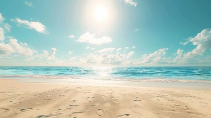 A beautiful sunny day at the beach where the clear blue sky meets the calm ocean waves, creating an inviting and serene scene perfect for relaxation and enjoyment.
