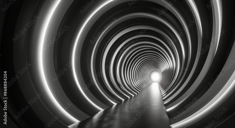 Poster a spiraling pathway through a circular tunnel in modern architecture
