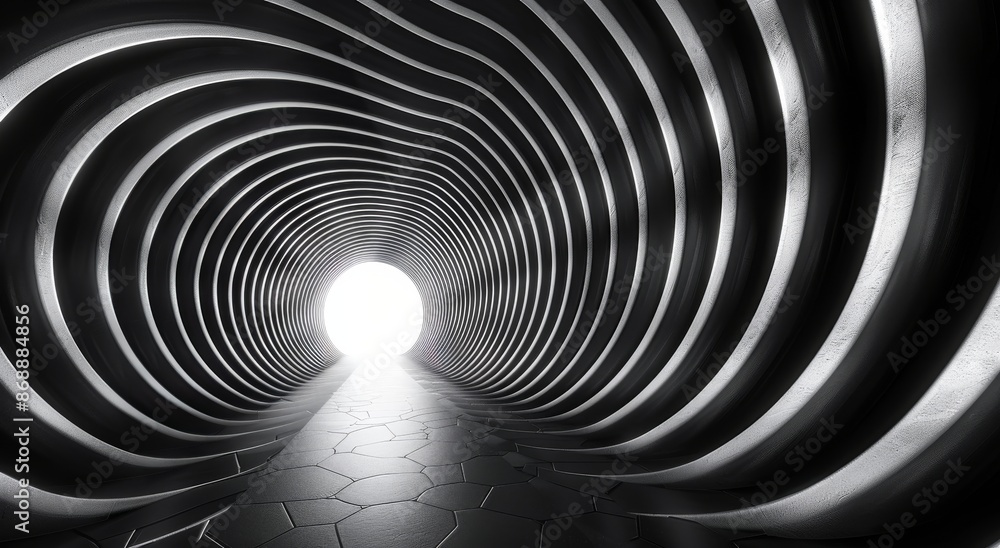 Poster a spiraling pathway through a circular tunnel in modern architecture