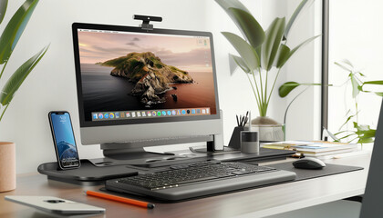 Computer and related work tools on a desk in the office