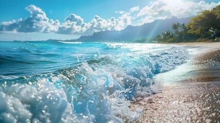 Vibrant beach scenery with dynamic waves crashing onto the shore under bright sunshine, backed by majestic mountains and clear blue skies perfect for nature lovers.