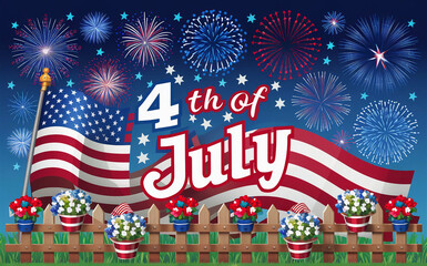 Fototapeta premium festive 4th of July design element featuring a rich blue sky adorned with an array of fireworks bursting in various colorsand shapes