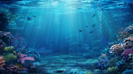 Obraz premium An underwater landscape showcasing vibrant coral reefs and diverse marine life, illuminated by sun rays piercing through the clear ocean water, creating a lively scene.