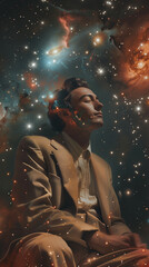 Portrait of retro man in room with starry cosmic background