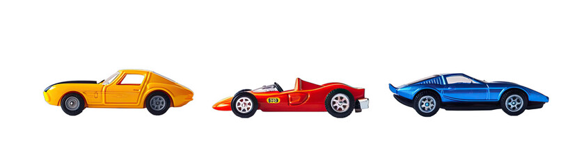 Obraz premium Toy Cars Racing in Motion Side View Top View and Macro Shot of Wheels. Isolated on a Transparent Background. Cutout PNG.