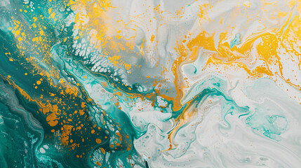 Modern white and yellow painting with cyan, amber, crimson, and geometric patterns