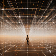Obraz premium Modern Art Installation of Illuminated Geometric Structures Creating a Futuristic Maze-Like Environment with a Person Walking Inside