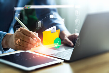 Document management system concept, software system for managing documents, information, organization. stores, searches, shares, controls data access, boosting efficiency and reducing data loss risks.