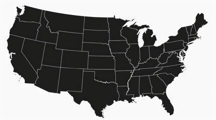 A black map of the United States showing all the states clearly outlined in white, depicting individual state borders within the entire country for geographic reference.
