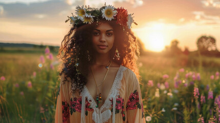 Young woman with red hair in boho hippie outfit and flower crown in field at dusk © ChristacilinCreative