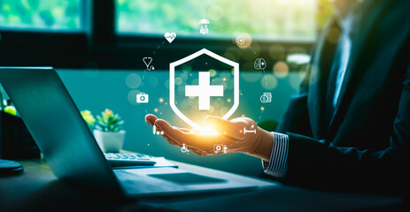 Businessman Holding Health Insurance Icon with Digital Healthcare Network, Representing Online Medical Protection and Future Healthcare Technology, health and access to welfare health.