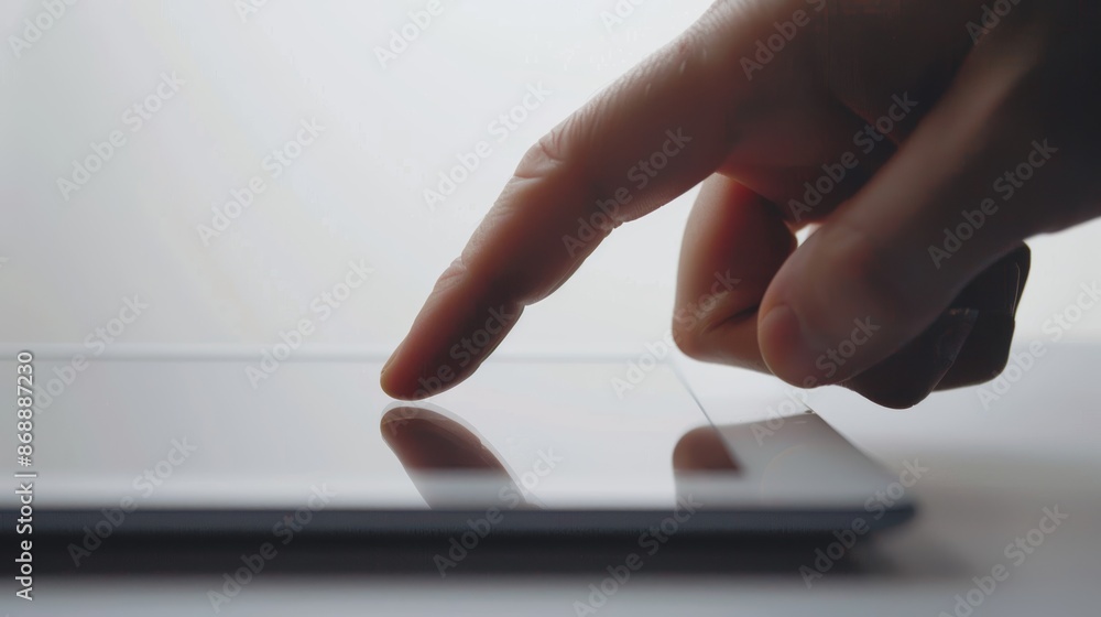 Poster close up of a businessman using his index finger scrolling and touching a tablet screen