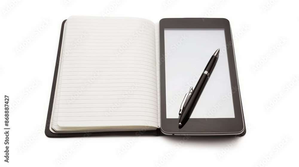 Poster concepts of technology and communication represented by an open notebook with blank pages, a tablet 