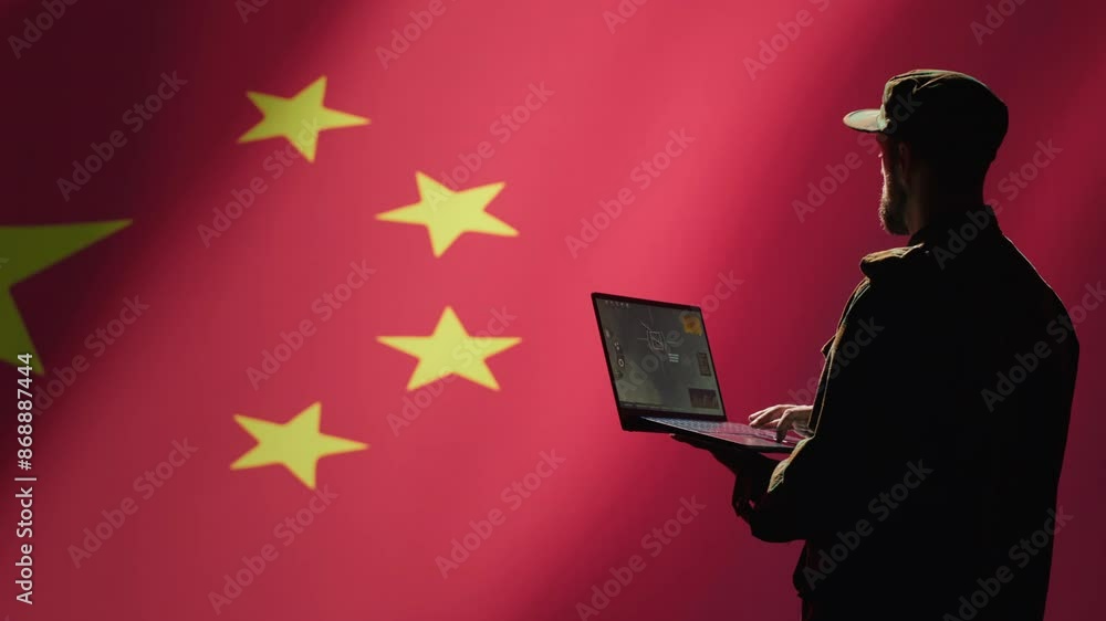 Poster chinese air defense operator using radar system on laptop to detect intercontinental ballistic missi