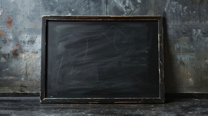 A vintage black chalkboard displayed within a dark, weathered wood frame against a rustic wall backdrop, representing education from a bygone era, ready for new notes.