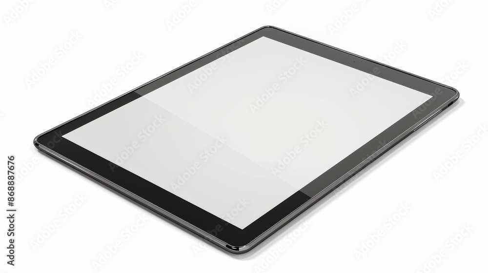 Poster sleek and modern digital tablet is lying on a white surface, its blank screen offering endless possi