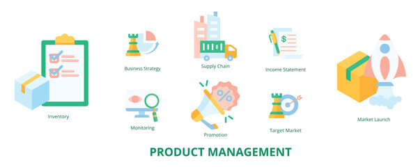 Product Management Flat Banner Web Icon Set Vector Illustration, Business Strategy Inventory Market Launch Target Market Supply Chain Monitoring Promotion Income Statement
