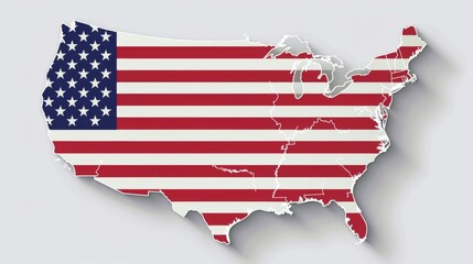 This image captures the United States map vividly filled with the American flag’s design, showing clearly outlined states and accentuates national unity, pride, and patriotic symbolism.