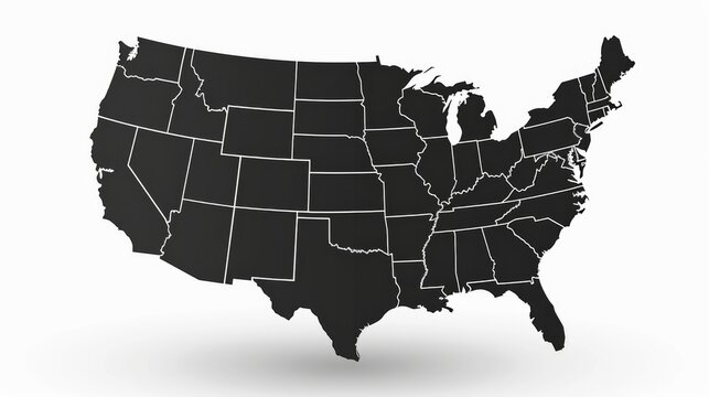 This image presents a black silhouette of the United States map with neatly outlined state borders, emphasizing geographical boundaries and the nation's unity.
