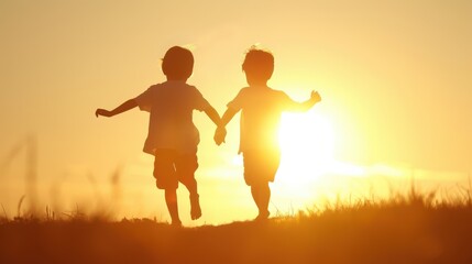 Fototapeta premium Silhouette of a childs enjoying sunset on the beach, depicting love and happiness