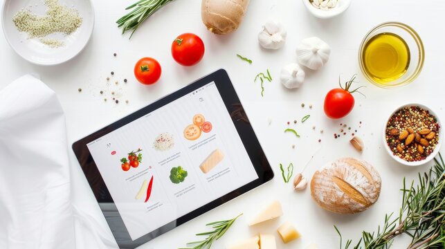 Digital tablet showing recipe app, surrounded by fresh ingredients on white table, suggesting online cooking class or healthy food blog
