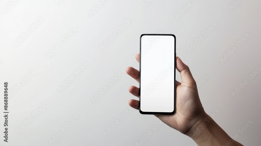 Poster smartphone with a blank screen is being held by a hand, creating a sleek and contemporary setting fo