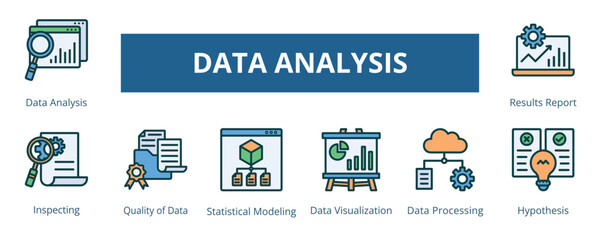 Data Analysis Lineal Color Banner Web Icon Set Vector Illustration, Data Analysis Inspecting Quality of Data Statistical Modeling Data Visualization Data Processing Hypothesis Results Data