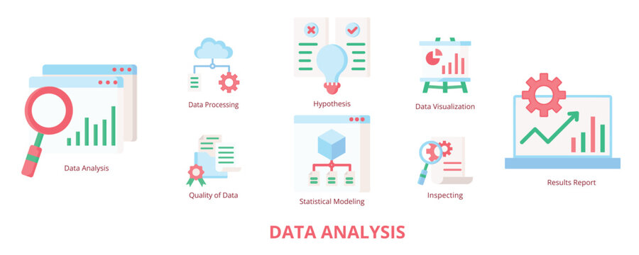 Data Analysis Flat Banner Web Icon Set Vector Illustration, Data Analysis Inspecting Quality of Data Statistical Modeling Data Visualization Data Processing Hypothesis Results Data