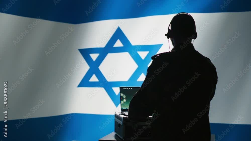 Poster israeli air defense command operator conscript using radar system on laptop to detect incoming balli