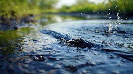 A body of water with a few drops of water falling on it