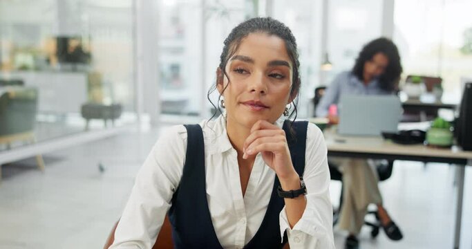 Business woman, thinking and decision with choice, solution or ideas for project, task or agenda at office. Female person or employee in wonder, thought or contemplating strategy by desk at workplace