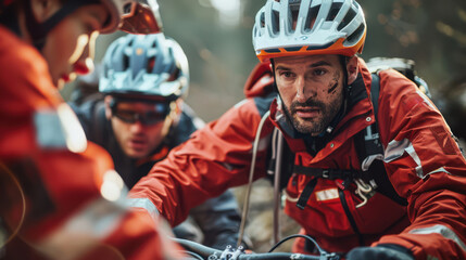 A man in a red jacket is helping two other people