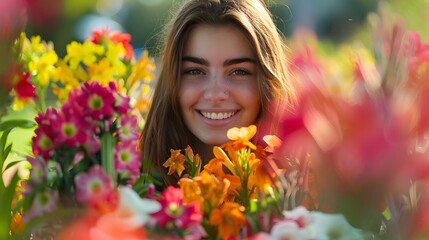 Naklejka premium beautiful young woman with a large bouquet of flowers in the park. 