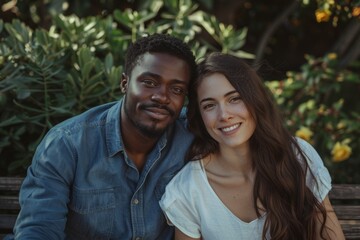 Obraz premium Happy interracial couple on a bench in the park