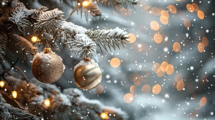A tree with snow on it and two gold ornaments hanging from it