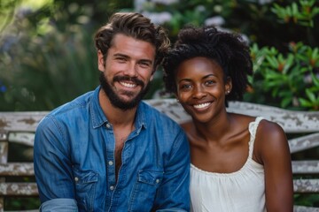 Obraz premium Happy interracial couple on a bench in the park